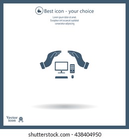 computer insurance sign icon. Hand holds pc laptop symbol.