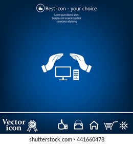 computer insurance sign icon. Hand holds pc laptop symbol.