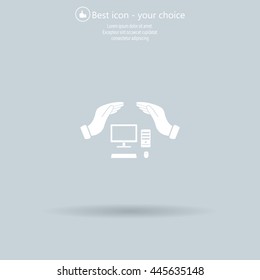 computer insurance sign icon. Hand holds pc laptop symbol.