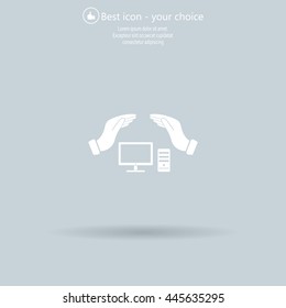 computer insurance sign icon. Hand holds pc laptop symbol.