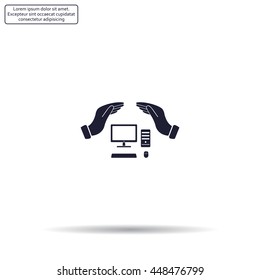 computer insurance sign icon. Hand holds pc laptop symbol.