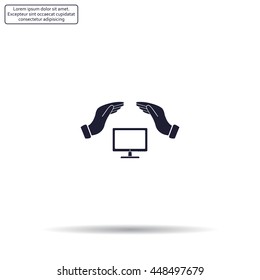 computer insurance sign icon. Hand holds pc laptop symbol.