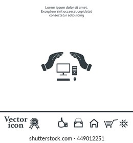 computer insurance sign icon. Hand holds pc laptop symbol.