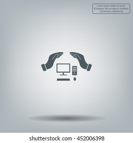 computer insurance sign icon. Hand holds pc laptop symbol.