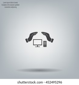 computer insurance sign icon. Hand holds pc laptop symbol.