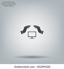 computer insurance sign icon. Hand holds pc laptop symbol.
