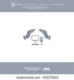 computer insurance sign icon. Hand holds pc laptop symbol.