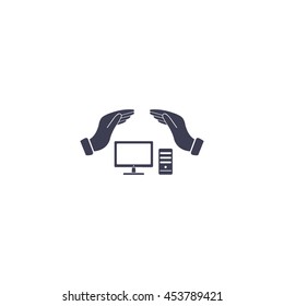 computer insurance sign icon. Hand holds pc laptop symbol.