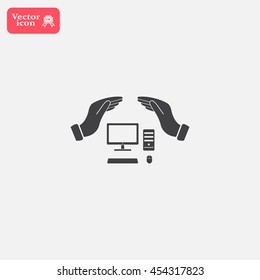 computer insurance sign icon. Hand holds pc laptop symbol.