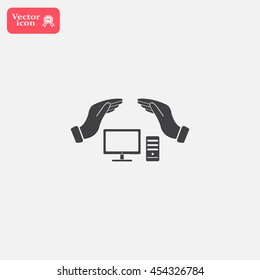 computer insurance sign icon. Hand holds pc laptop symbol.