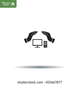 computer insurance sign icon. Hand holds pc laptop symbol.