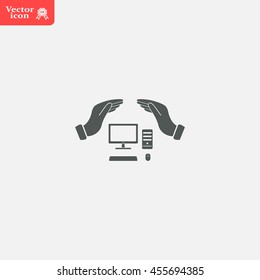 computer insurance sign icon. Hand holds pc laptop symbol.