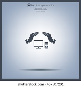 computer insurance sign icon. Hand holds pc laptop symbol.