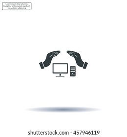 computer insurance sign icon. Hand holds pc laptop symbol.