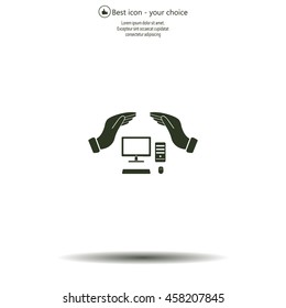 computer insurance sign icon. Hand holds pc laptop symbol.