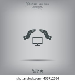 computer insurance sign icon. Hand holds pc laptop symbol.