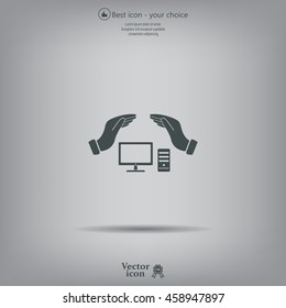 computer insurance sign icon. Hand holds pc laptop symbol.
