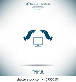 computer insurance sign icon. Hand holds pc laptop symbol.