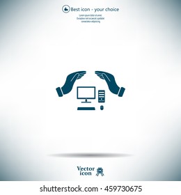 computer insurance sign icon. Hand holds pc laptop symbol.