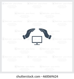 computer insurance sign icon. Hand holds pc laptop symbol.