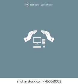 computer insurance sign icon. Hand holds pc laptop symbol.