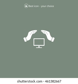 computer insurance sign icon. Hand holds pc laptop symbol.