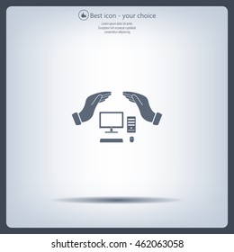 computer insurance sign icon. Hand holds pc laptop symbol.