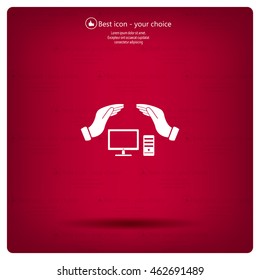 computer insurance sign icon. Hand holds pc laptop symbol.