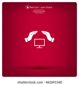 computer insurance sign icon. Hand holds pc laptop symbol.