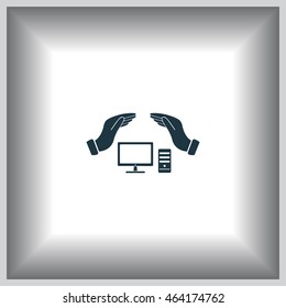 computer insurance sign icon. Hand holds pc laptop symbol.