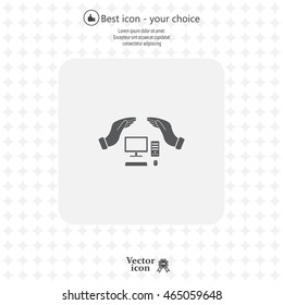 computer insurance sign icon. Hand holds pc laptop symbol.
