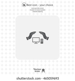 computer insurance sign icon. Hand holds pc laptop symbol.