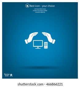 computer insurance sign icon. Hand holds pc laptop symbol.