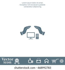 computer insurance sign icon. Hand holds pc laptop symbol.