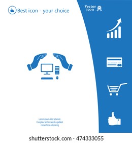 computer insurance sign icon. Hand holds pc laptop symbol.