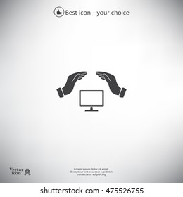 computer insurance sign icon. Hand holds pc laptop symbol.