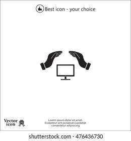 computer insurance sign icon. Hand holds pc laptop symbol.