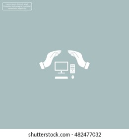computer insurance sign icon. Hand holds pc laptop symbol.