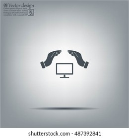 computer insurance sign icon. Hand holds pc laptop symbol.