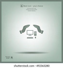computer insurance sign icon. Hand holds pc laptop symbol.