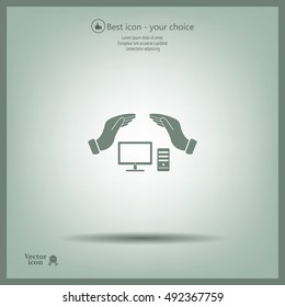computer insurance sign icon. Hand holds pc laptop symbol.