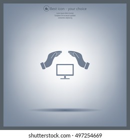 computer insurance sign icon. Hand holds pc laptop symbol.