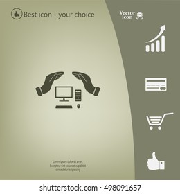 computer insurance sign icon. Hand holds pc symbol.