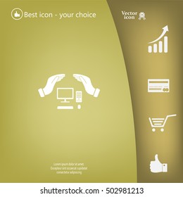 computer insurance sign icon. Hand holds pc laptop symbol.