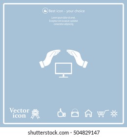 computer insurance sign icon. Hand holds pc laptop symbol.