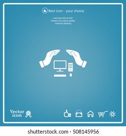 computer insurance sign icon. Hand holds pc laptop symbol.