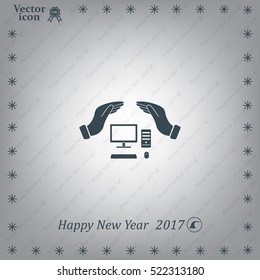 computer insurance sign icon. Hand holds pc laptop symbol.