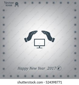 computer insurance sign icon. Hand holds pc laptop symbol.