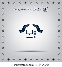 computer insurance sign icon. Hand holds pc   symbol.