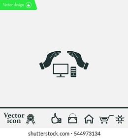 computer insurance sign icon. Hand holds pc   symbol.